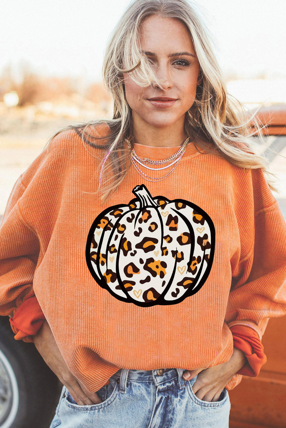 Orangefarbenes Sweatshirt mit Leoparden- und Kürbis-Grafik