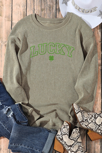 Grünes Sweatshirt mit Rundhalsausschnitt und Stickerei „LUCKY Clover“