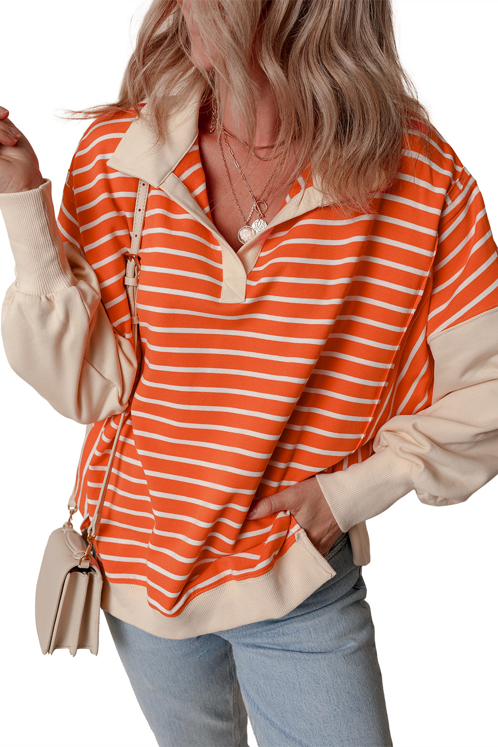 Orangefarbenes Sweatshirt mit Farbblockdesign und lockerer Passform, Kragen und überschnittenen Schultern