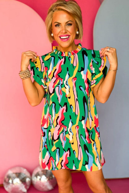 Grünes Minikleid mit abstraktem Print, Rüschenkragen und Rüschenärmeln