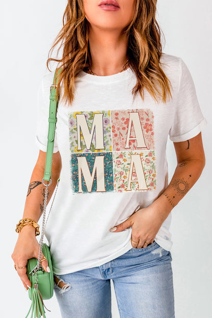 Weißes MAMA Lässiges T-Shirt mit Blumenblockgrafik