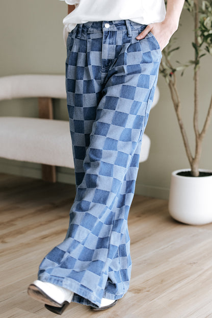 Abendblaue Jeans mit weitem Bein und Karomuster