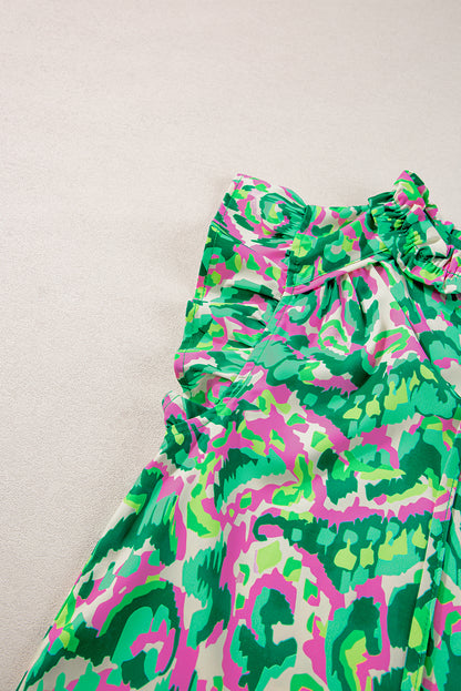 Green Pastel/Floral/Abstract Print Ruffled Trim Tied Split Neck Tank Top