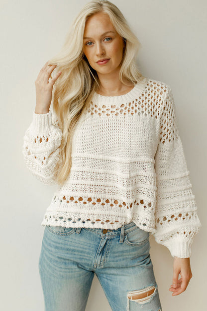Weißer, einfarbiger Pointelle-Strickpullover mit Puffärmeln