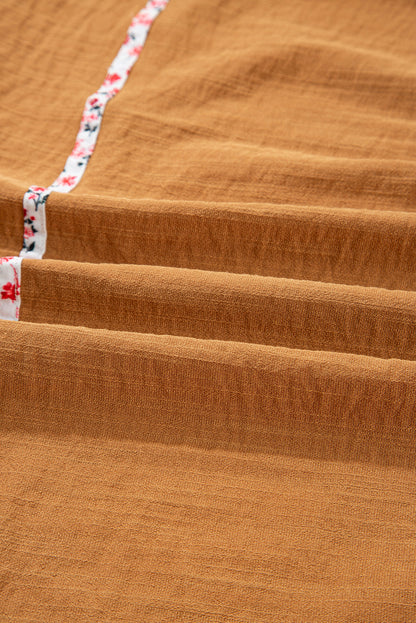 Straw Yellow Split Neck Pleated Floral Trim Long Puff Sleeve Blouse