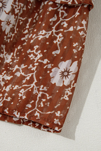 Braunes Boho-Minikleid mit Blumenmuster, Rüschen und Puffärmeln sowie V-Ausschnitt