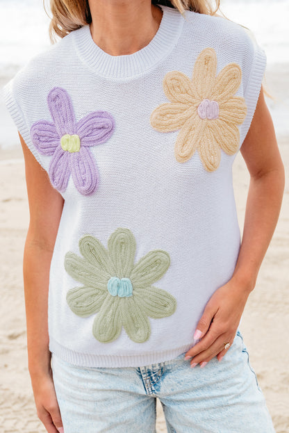 Weiße, mehrfarbige, kurzärmlige Pullover mit Häkelblumenmuster