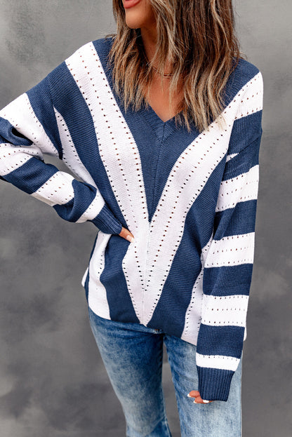 Blau gestreifter Colorblock-Strickpullover mit V-Ausschnitt