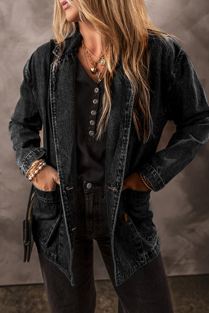 Schwarze Jeansjacke mit Seitentaschen und Reverskragen