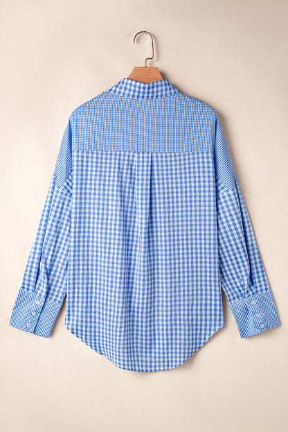 Himmelblaues, gestreiftes, kariertes Patchwork-Langarmhemd mit Knopfleiste
