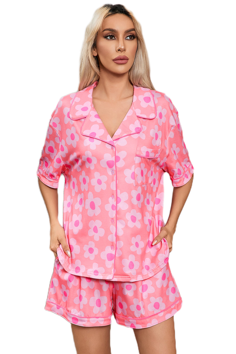 Rosa Pyjama-Set mit kurzärmligem Hemd und Blumenmuster