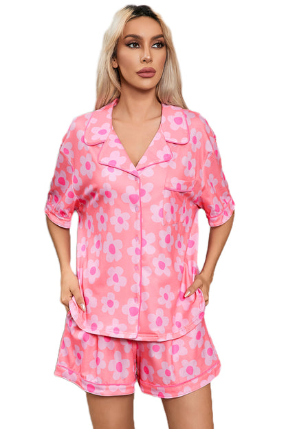 Rosa Pyjama-Set mit kurzärmligem Hemd und Blumenmuster