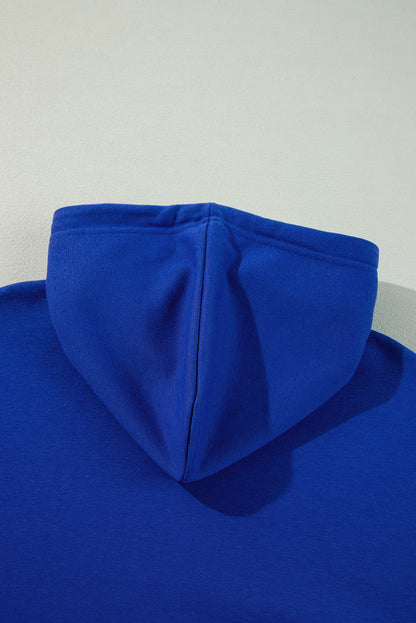 Dunkelblauer, einfarbiger, kurzer Hoodie mit überschnittener Schulterpartie und Kordelzug