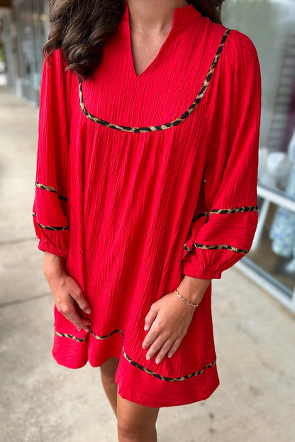 Fiery Red Textured V Neck Leopard Contrasted Trim Long Sleeve Shift Mini Dress