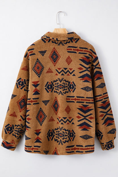 Khaki Western Aztec Pattern Fleece Shacket