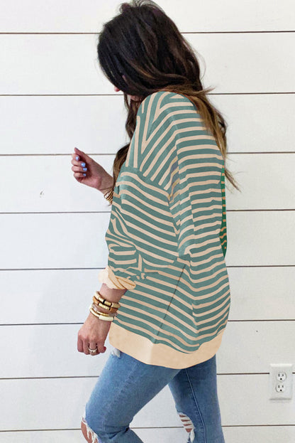 Grün gestreiftes, lässiges, gestreiftes Colorblock-Sweatshirt mit überschnittener Schulter
