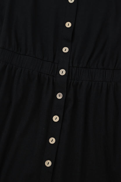 Schwarzes Kleid mit Knopfleiste und hoher Taille und langen Ärmeln