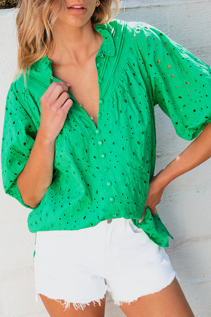 Grüne Bluse mit Blumenstickerei und Puffärmeln