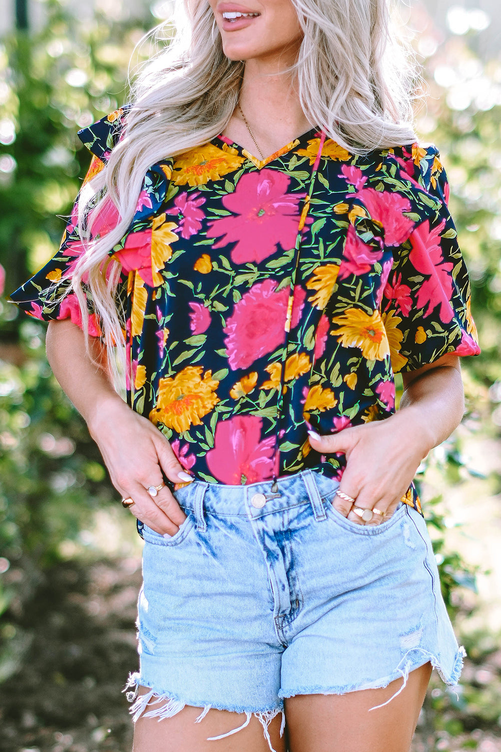 Rose Red Floral Bubble Sleeve Notch V Neck Ruffled Blouse