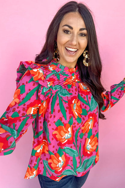 Bluse mit Rundhalsausschnitt und Rosen-Blumendruck und Rüschen