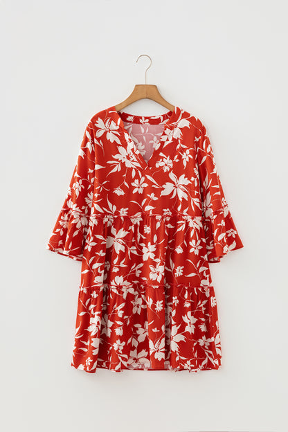 Red Boho Floral Print Lettuce Trim 3/4 Sleeve Mini Dress