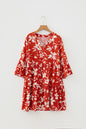 Red Boho Floral Print Lettuce Trim 3/4 Sleeve Mini Dress