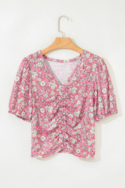 Pink Floral Short Puff Sleeve V Neck Ruched Blouse