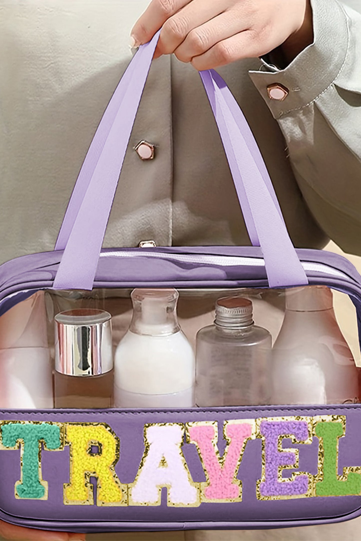 Lilafarbene Kosmetiktasche aus Chenille mit Buchstaben, transparent, PVC
