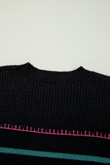Schwarzer Pullover mit bunten Streifen und Rippenbesatz
