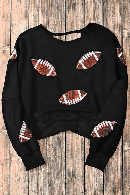 Schwarzes Sweatshirt mit offener Rückseite und Rugby-Grafik und Pailletten