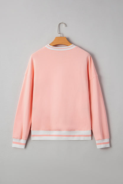 Gossamer Pink Halloween Terry Ghost Striped Trim Loose Sweatshirt