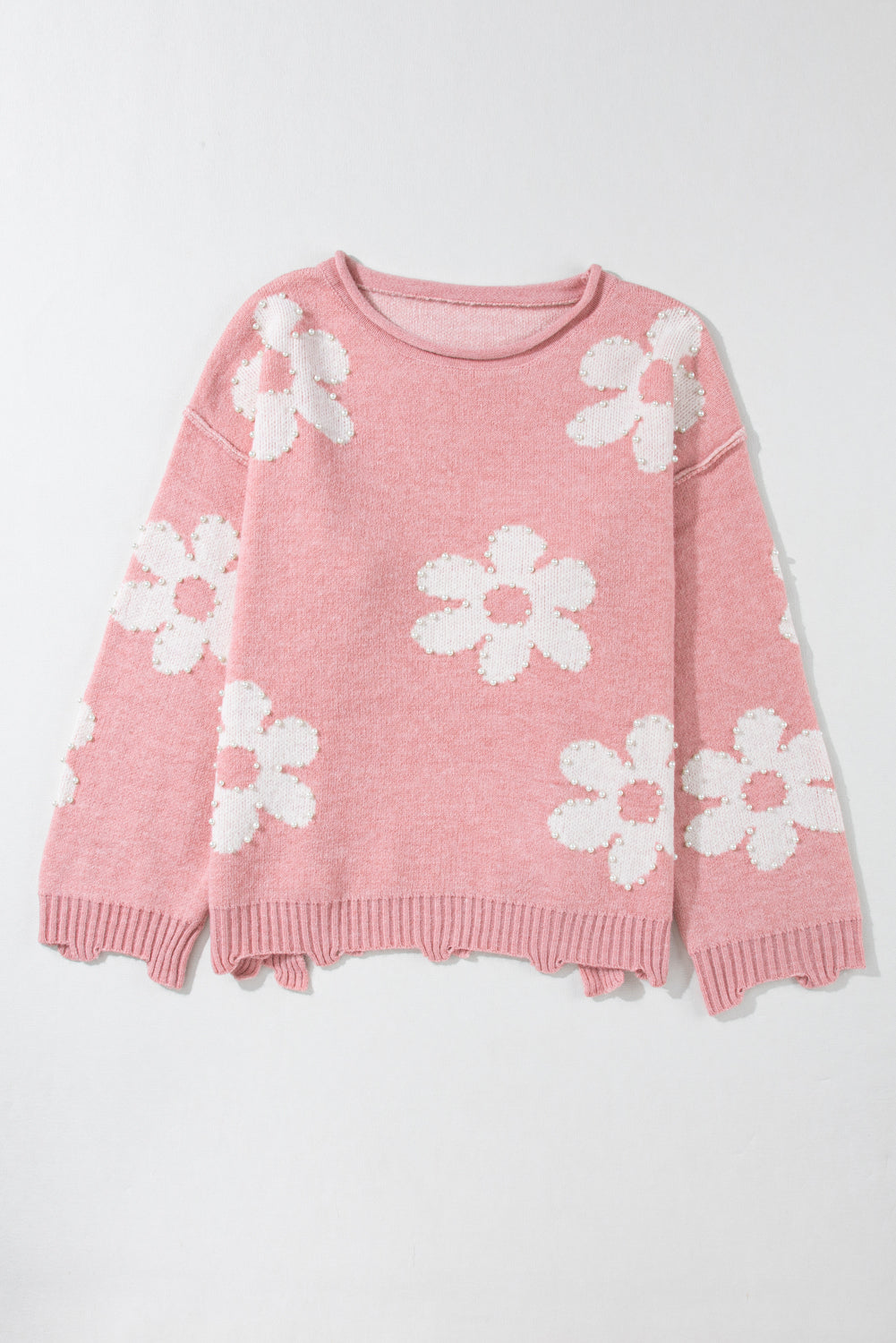 Mehrfarbiger Pullover mit Perlen und Blumenmuster und überschnittener Schulter