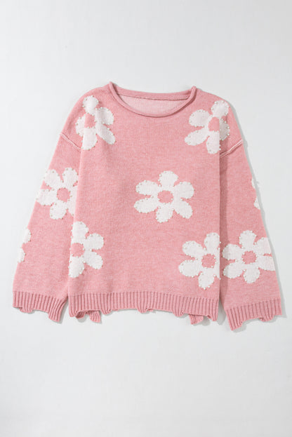 Mehrfarbiger Pullover mit Perlen und Blumenmuster und überschnittener Schulter
