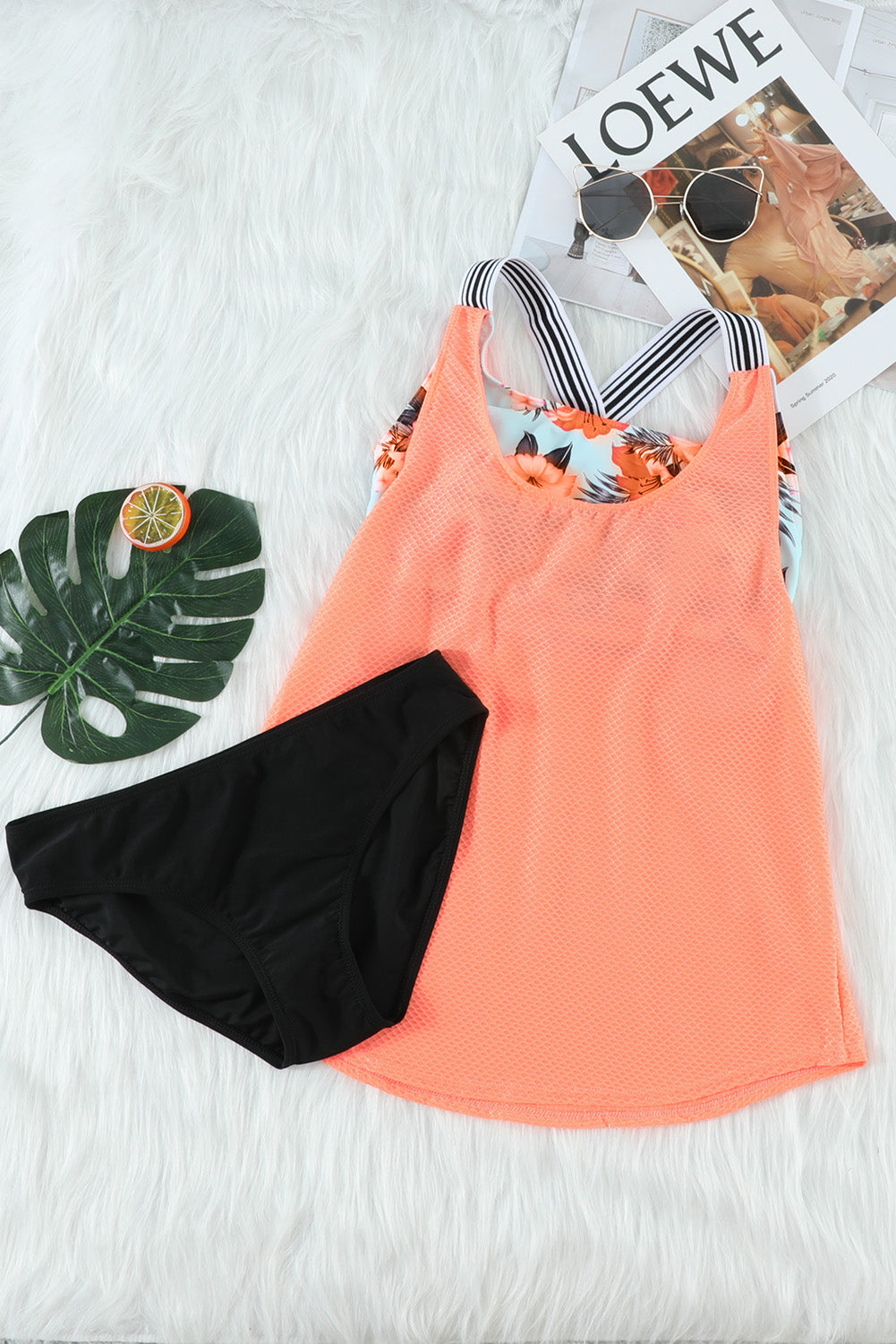 Orangefarbener bedruckter Racerback-Tankini mit Spleißmuster