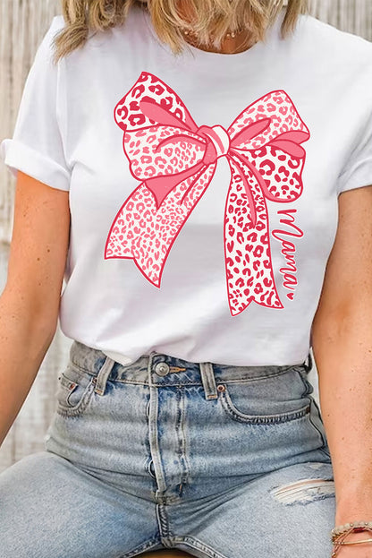 Weißes T-Shirt mit Leopardenmuster und Schleife zum Muttertag