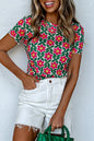 Feurig rotes T-Shirt mit Rundhalsausschnitt und Retro-Blumendruck