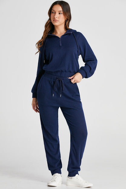 Marineblaues Set aus kurzem Hoodie und Jogginghose mit Kordelzug