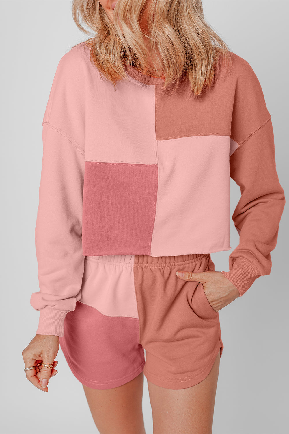 Pfirsichblüten-Colorblock-Patchwork-Langarm-Shorts-Outfit