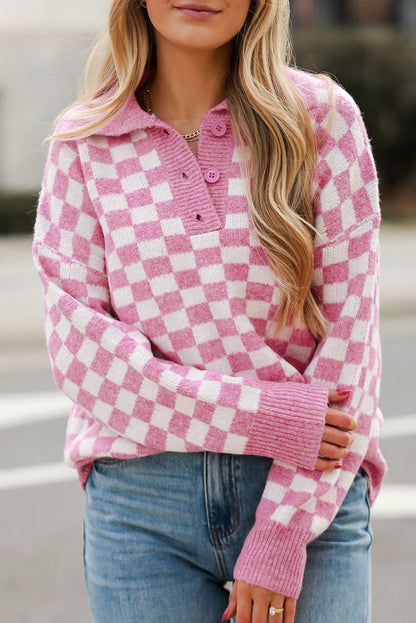 Rosa karierter Pullover mit Knöpfen, Kragen, V-Ausschnitt und überschnittenen Schultern