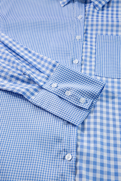 Himmelblaues, gestreiftes, kariertes Patchwork-Langarmhemd mit Knopfleiste