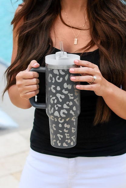 Tragbarer Becher aus Edelstahl mit Henkel, grau, Leopardenmuster, 40 oz