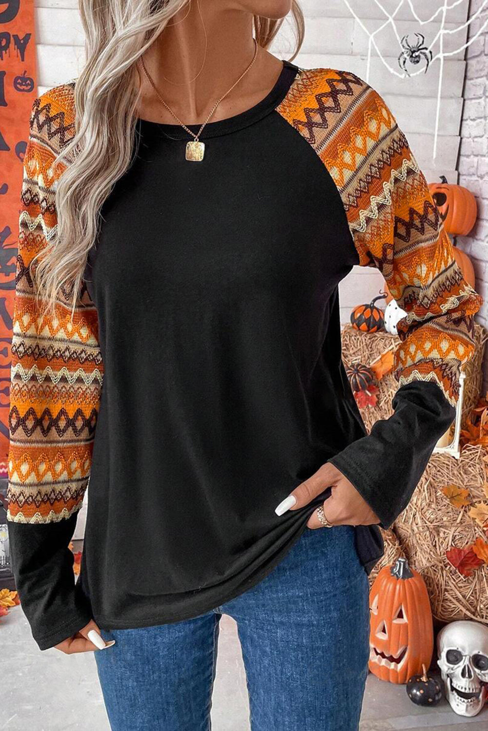 Oranges Raglan-Patchwork-Langarm-T-Shirt mit Geo-Print