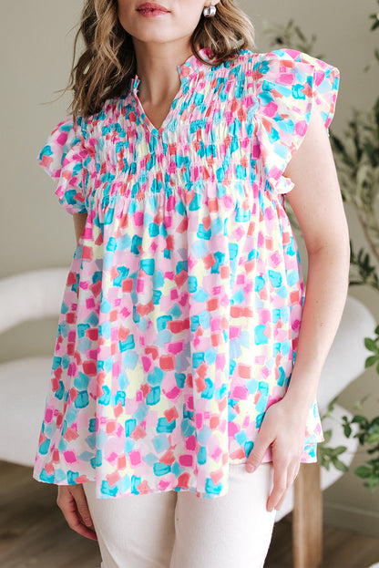 Himmelblaue Bluse mit geraffter Passe und abstraktem Print