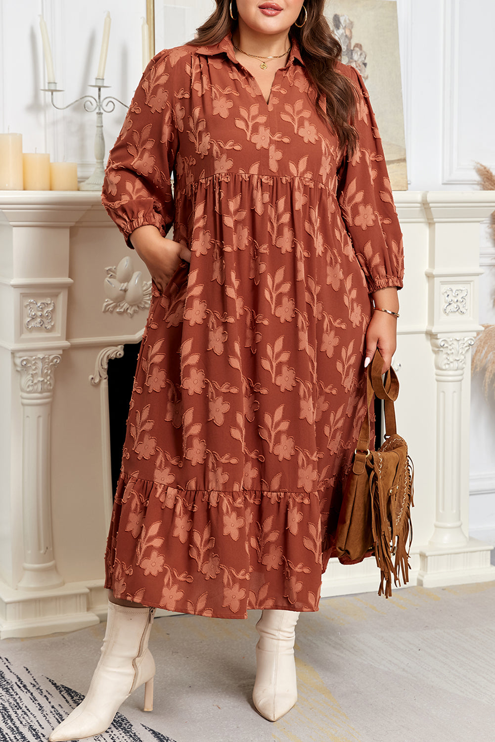 Cinnamon Plus Size Textured 3D Flower Pattern Ruffle Hem 3/4 Sleeve Long Dress