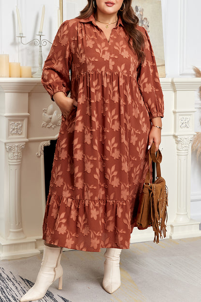Cinnamon Plus Size Textured 3D Flower Pattern Ruffle Hem 3/4 Sleeve Long Dress