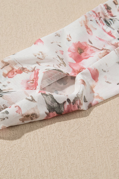 Rosa, geblümte, langärmlige Etui-Bluse aus Netzstoff mit hohem Halsausschnitt