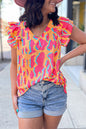 Orangefarbene Bluse mit abstraktem Print und V-Ausschnitt und Rüschenärmeln