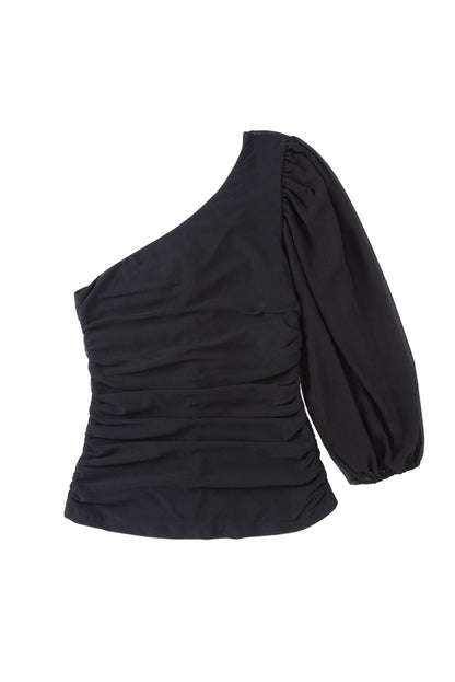 Schwarzes Langarm-Top mit One-Shoulder-Träger aus Netzstoff