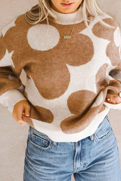 Khakifarbener Pullover mit überschnittener Schulter und großem Blumenmuster