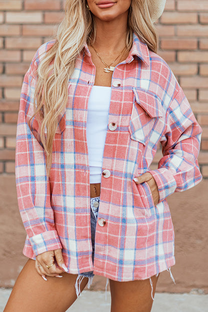 Rosa karierte Hemdjacke mit Pattentasche und Knopfleiste